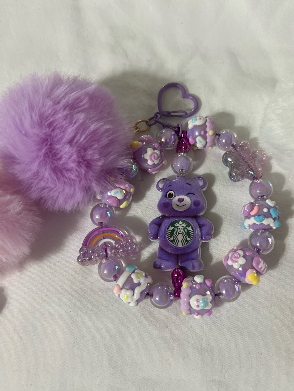 Starbucks Purple Bear Beaded Keychain Bracelet with Pom